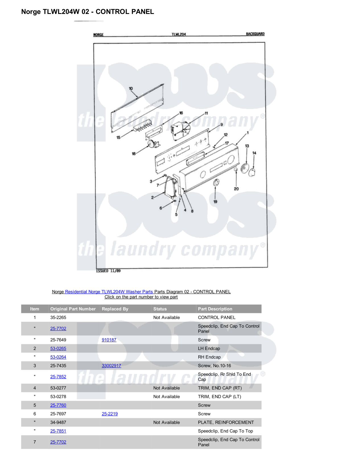 Norge TLWL204W Parts Diagram