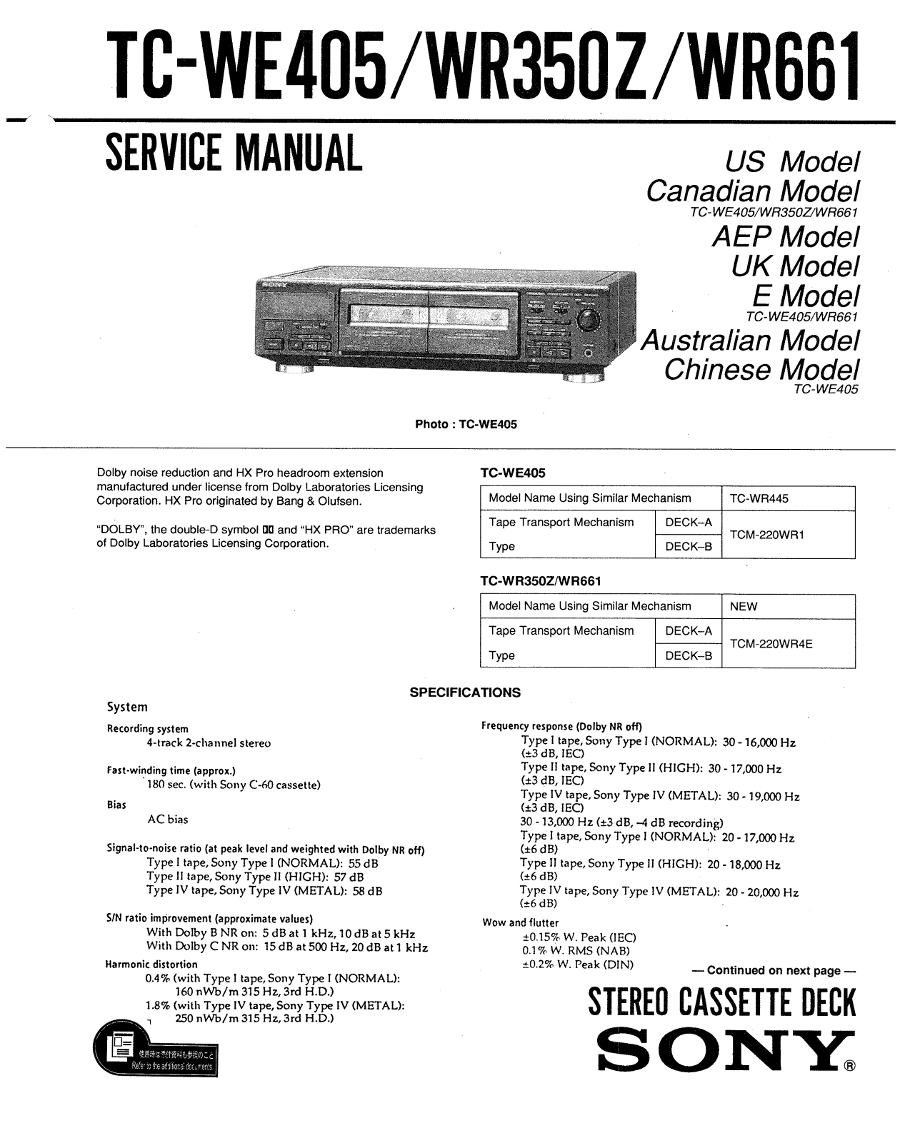 Sony TCWE-405, TCWR-350-Z, TCWR-661 Service manual