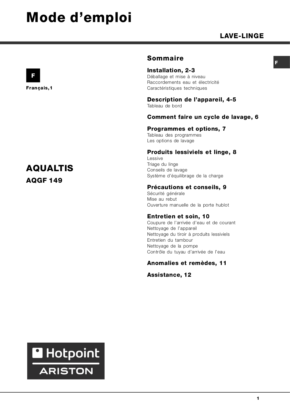 HOTPOINT AQNGF 149 User Manual