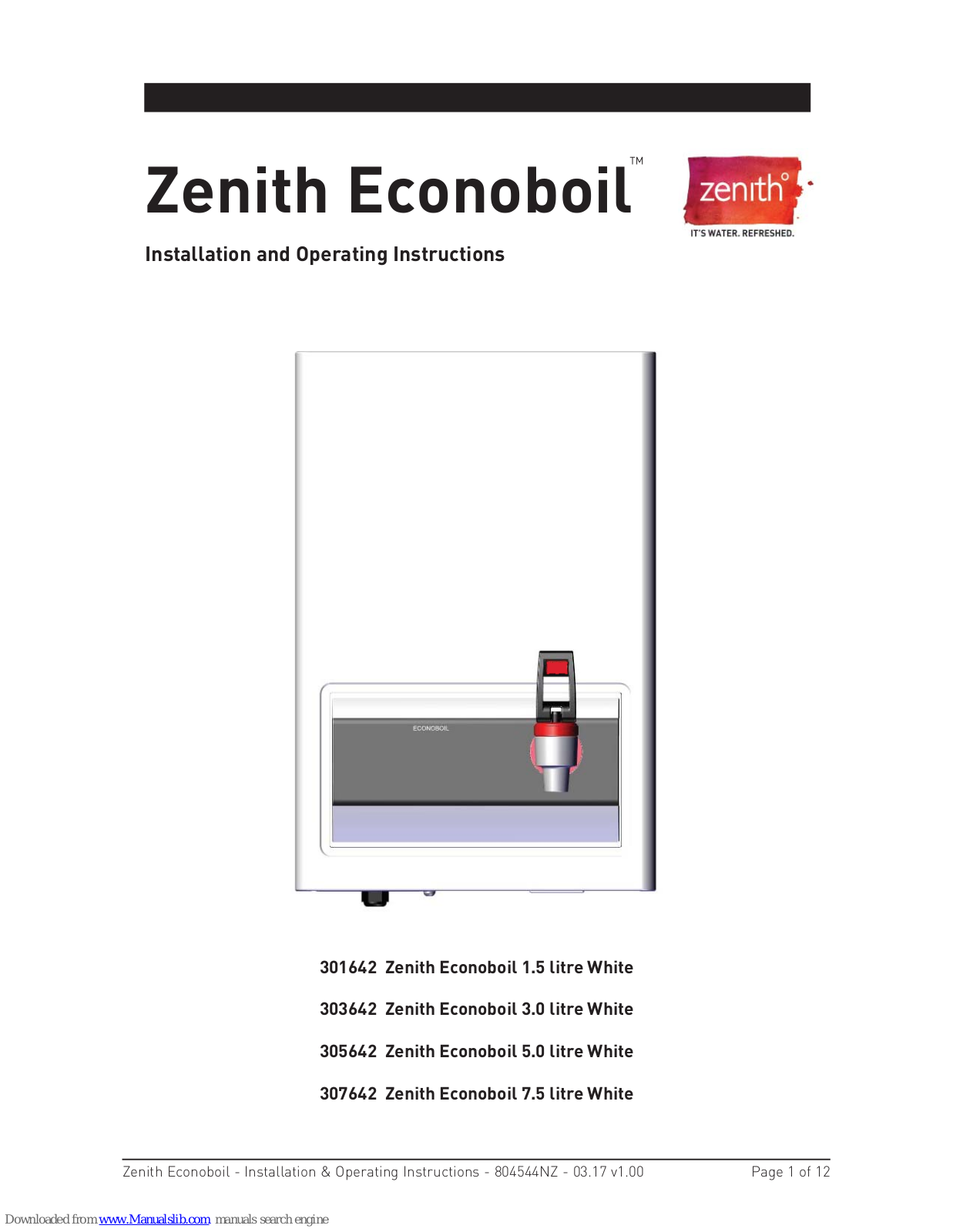 Zenith 301642, 303642, 305642, 307642 Installation And Operating Instructions Manual