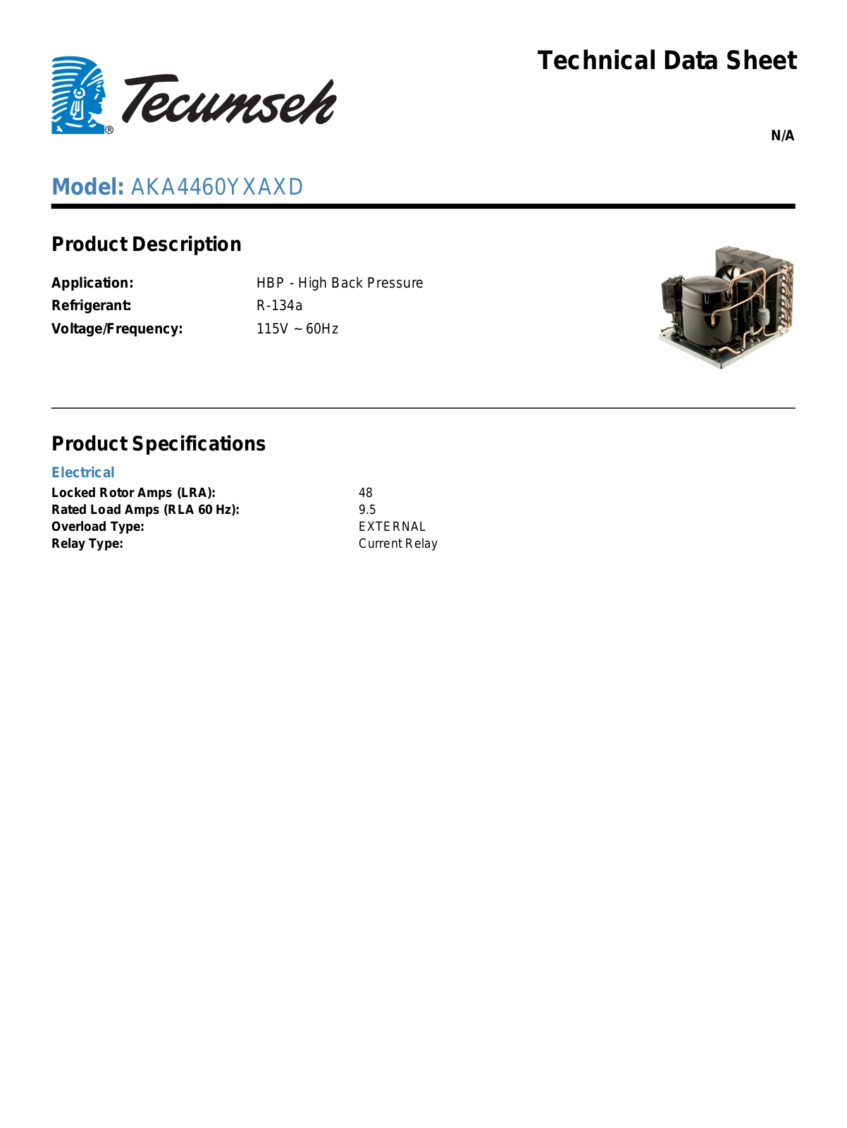 Tecumseh AKA4460YXAXD Technical Data Sheet