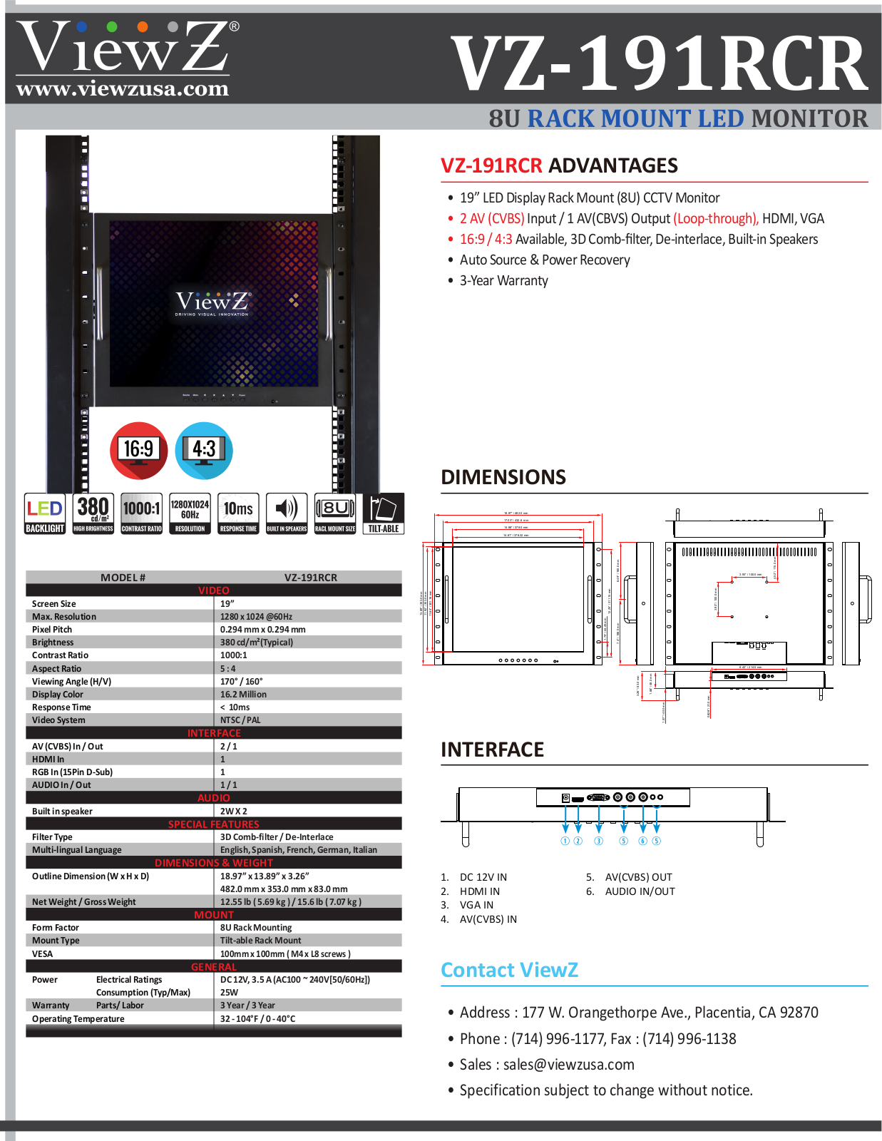 ViewZ VZ-191RCR Specsheet