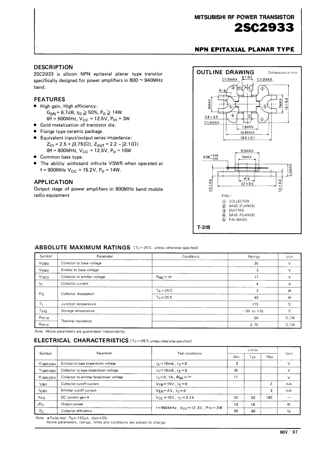 Mitsubishi Electric Corporation Semiconductor Group 2SC2933 Datasheet