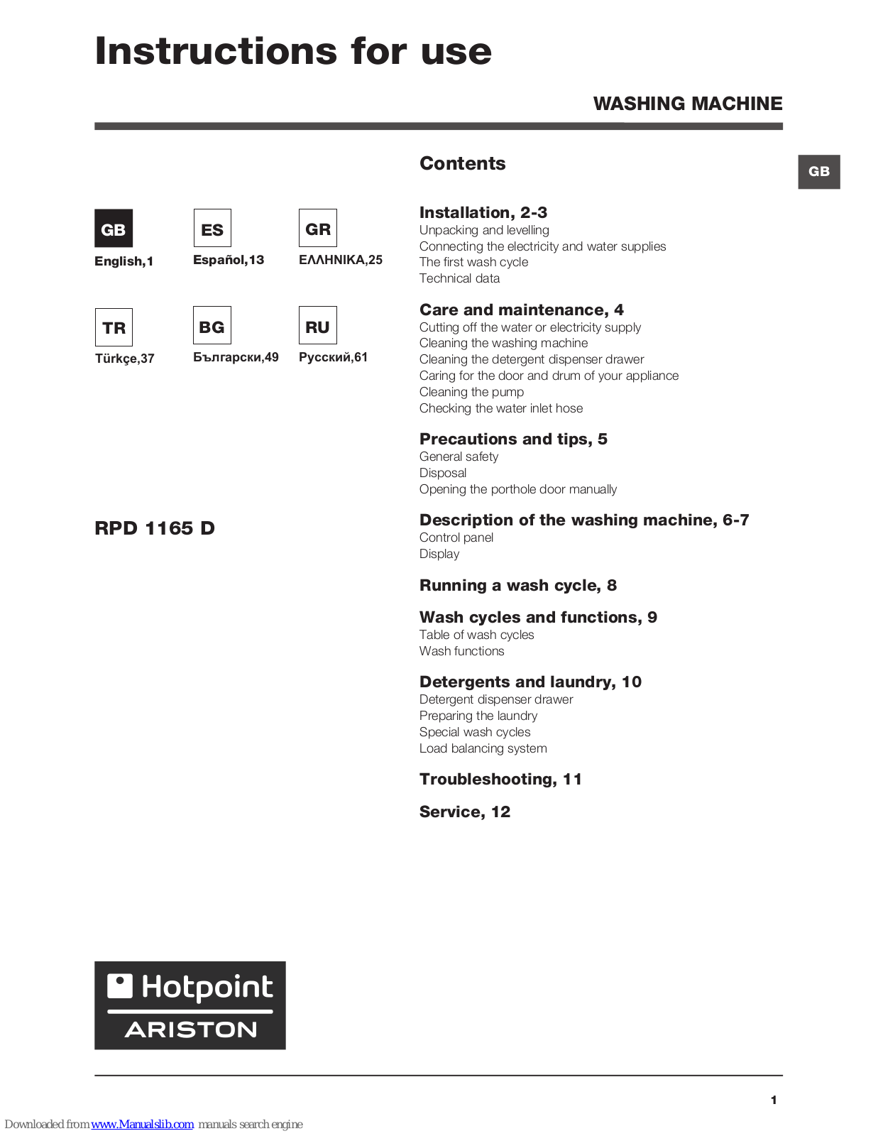 Hotpoint Ariston RPD 1165 D Instructions For Use Manual