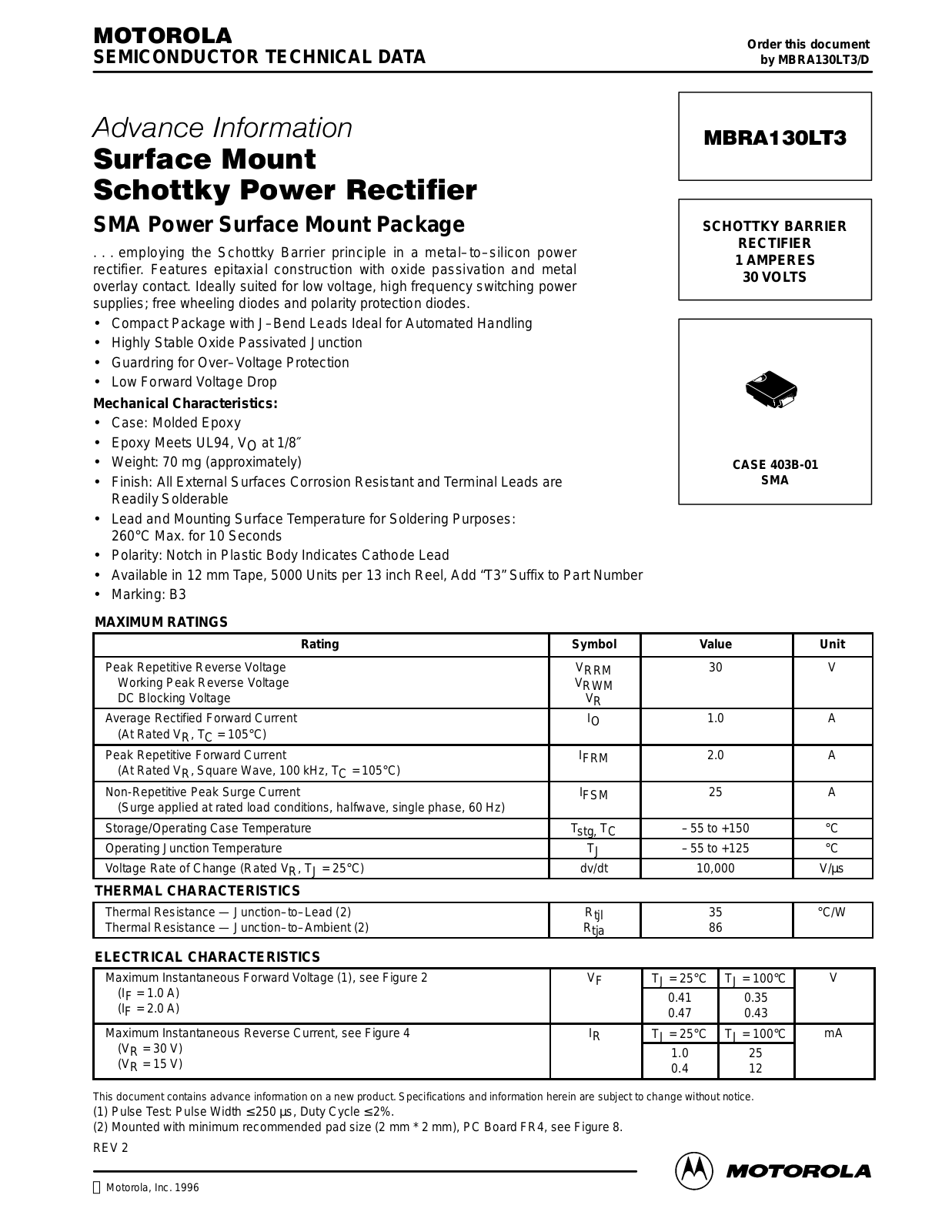 Motorola MBRA130LT3 Datasheet