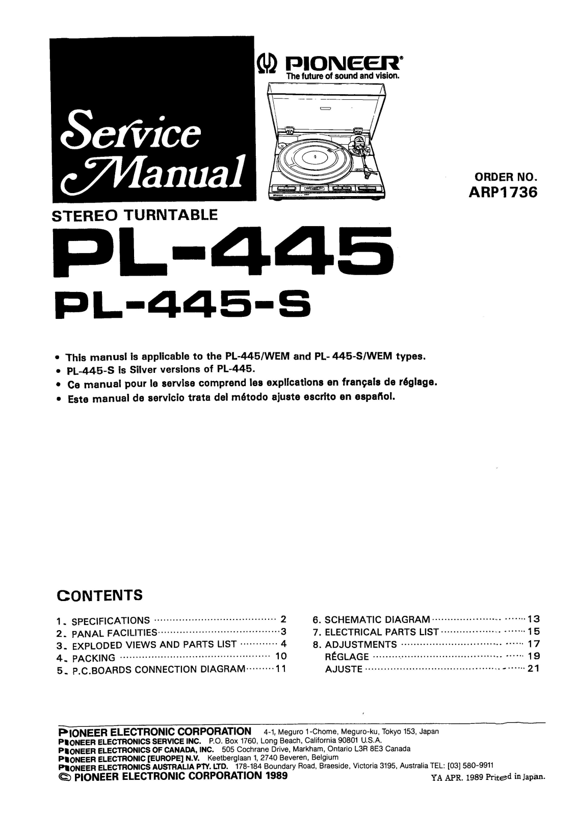 Pioneer PL-445 Service manual