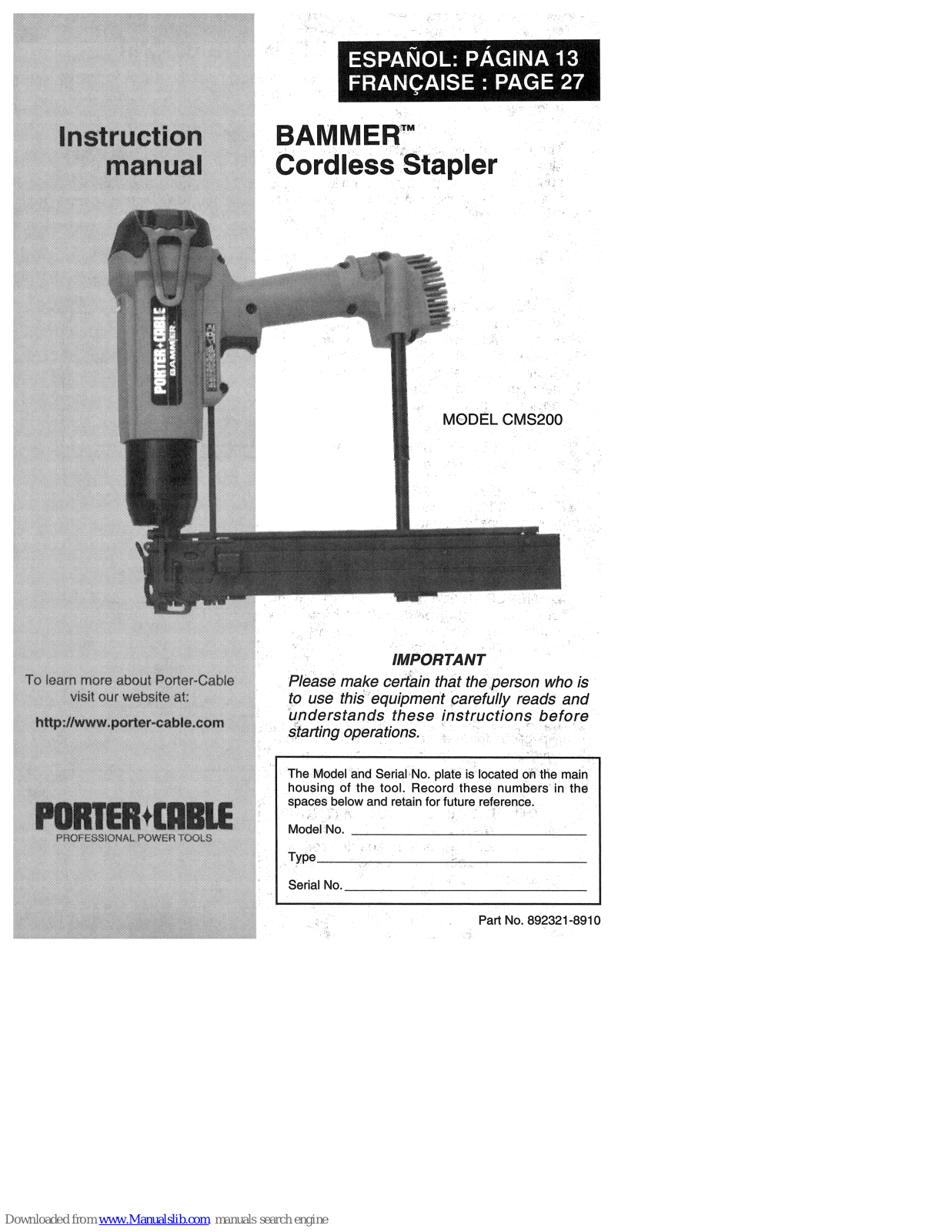 Porter-Cable BAMMER 892321-8910, BAMMER CMS200 Instruction Manual