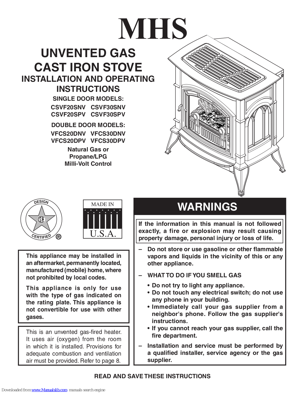 Monessen Hearth Double Door VFCS20DNV, VFCS20DPV, VFCS30DPV, VFCS30DNV, CSVF20SNV Installation And Operating Instructions Manual