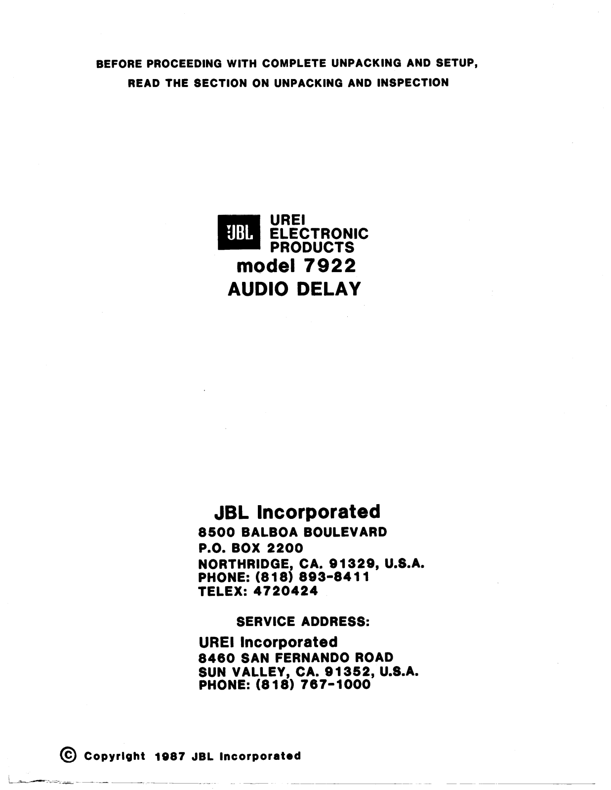 JBL UREI 7922 User Manual