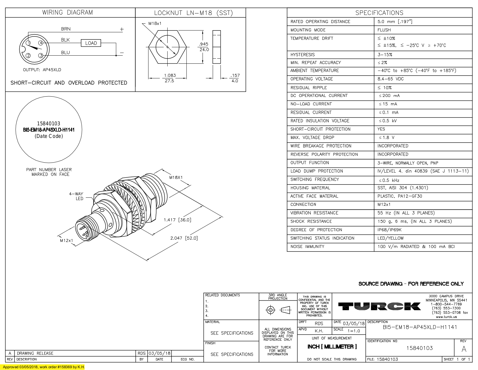 Turck BI5-EM18-AP45XLD-H1141 Data Sheet