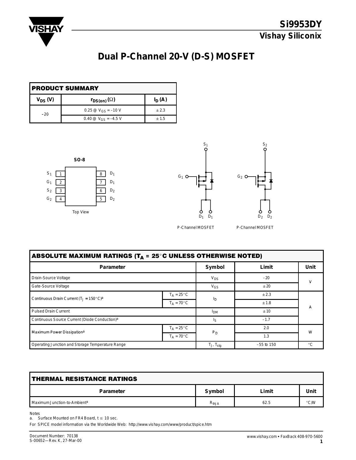 VISHAY Si9953DY Datasheet