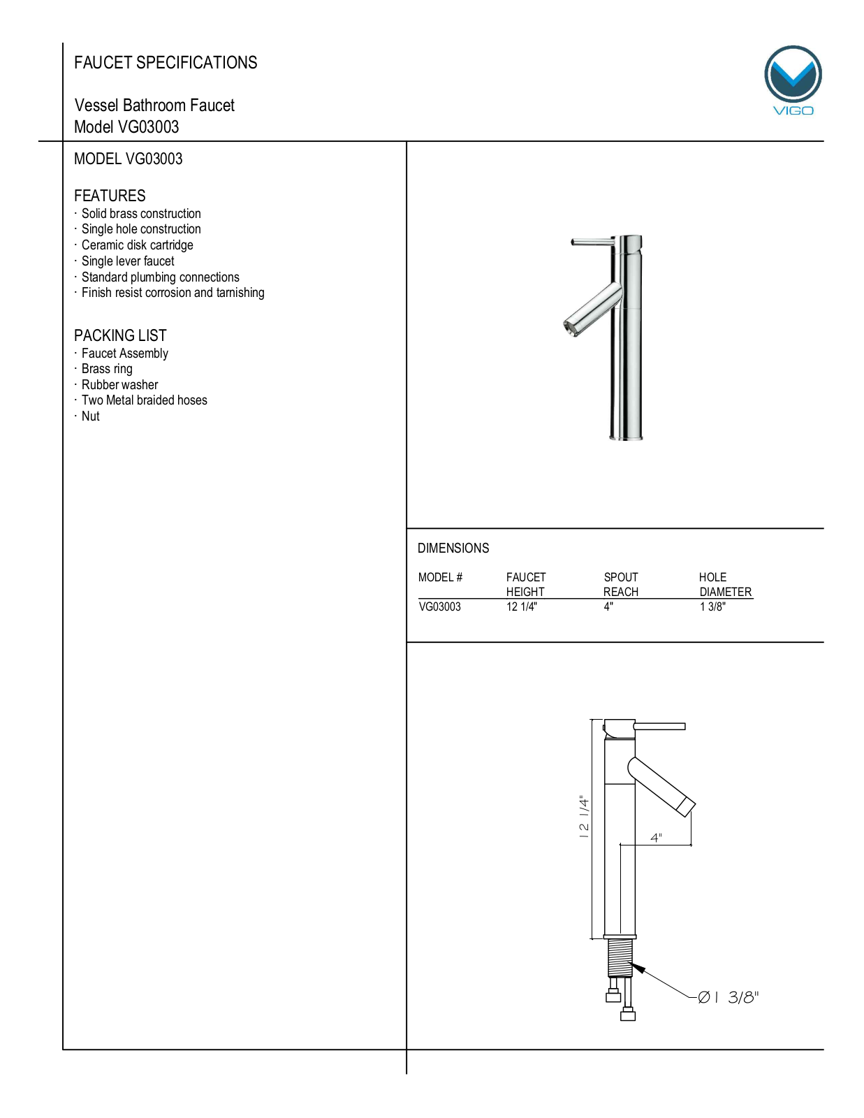 Vigo VG03003ARB2 Specifications