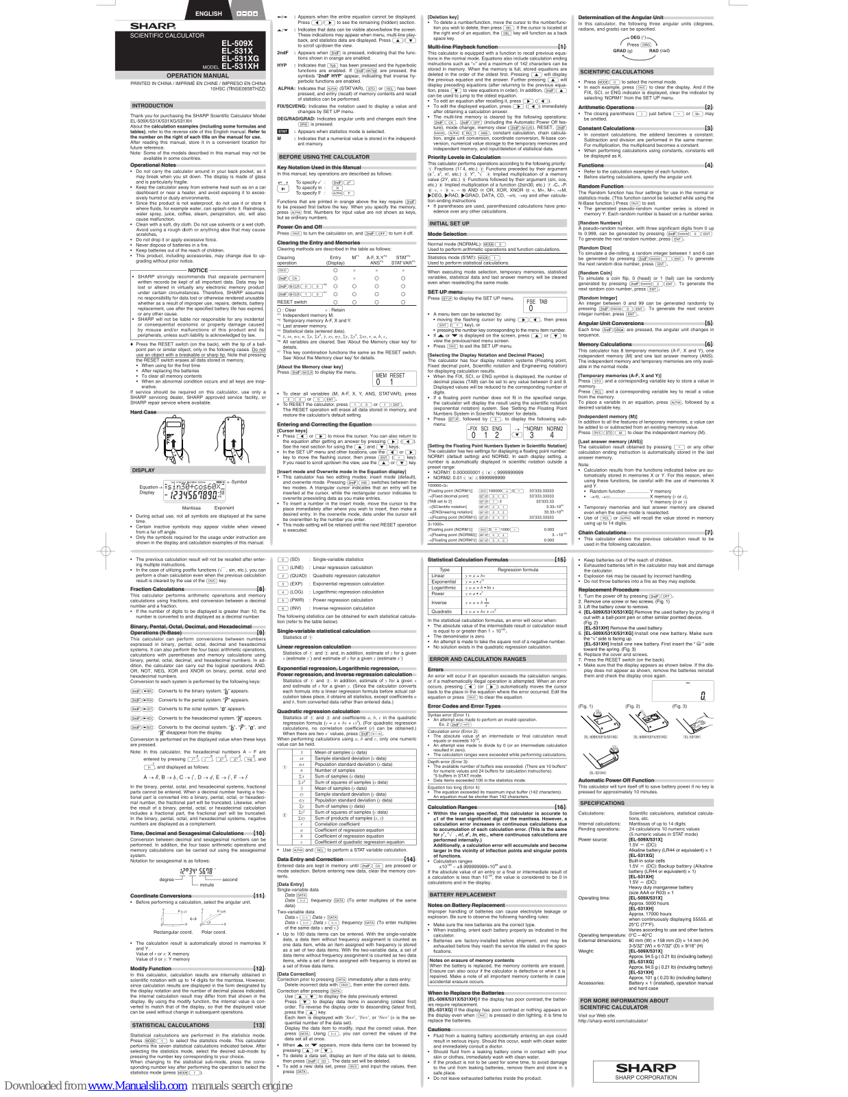 Sharp EL-531XBWH, EL-509X, EL-531X, EL-531XG, EL-531XH Operation Manual