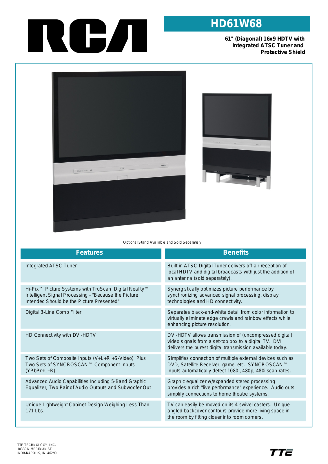 RCA HD61W68 Specification Sheet