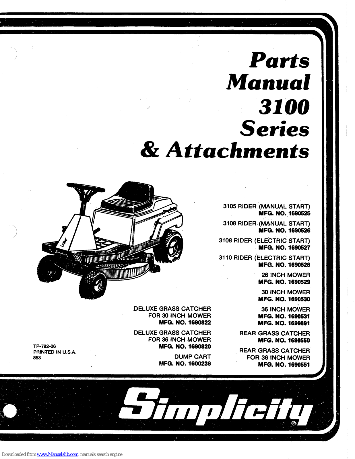 Simplicity 3100 Series, 3105, 3108, 3110 Parts Manual