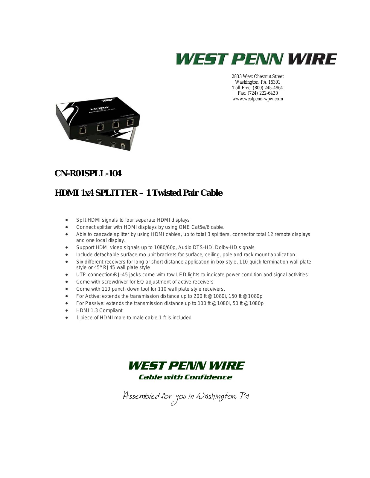 West Penn CN-R01SPLL-104 Specsheet