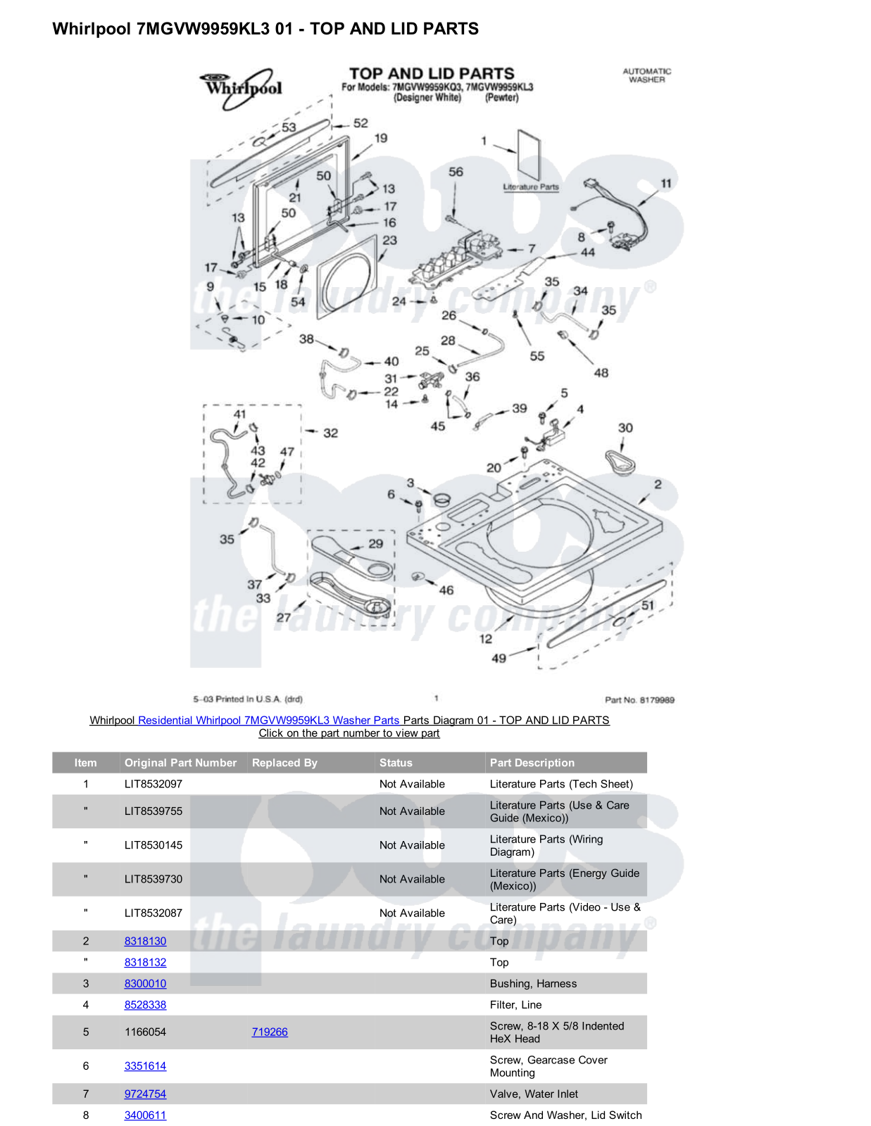 Whirlpool 7MGVW9959KL3 Parts Diagram