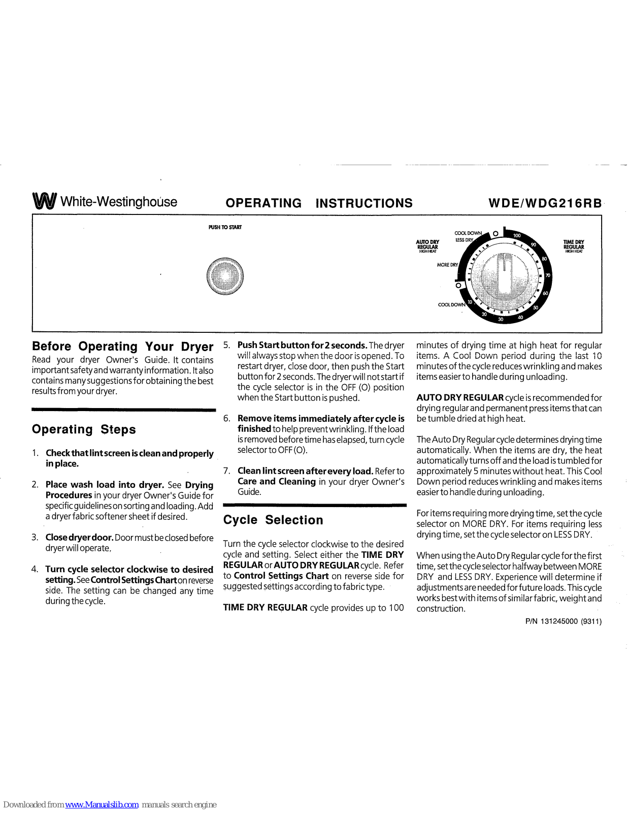 White-Westinghouse WDE216RB, WDG216RB Operating Instructions Manual