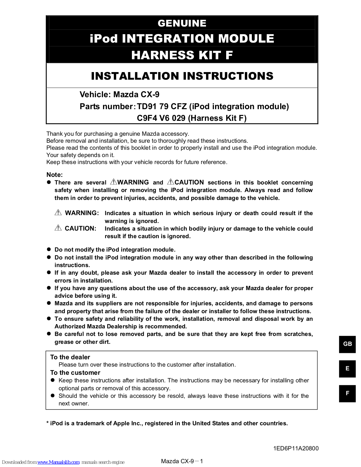 Mazda TD91 79 CFZ, C9F4 V6 029 Instructions Manual