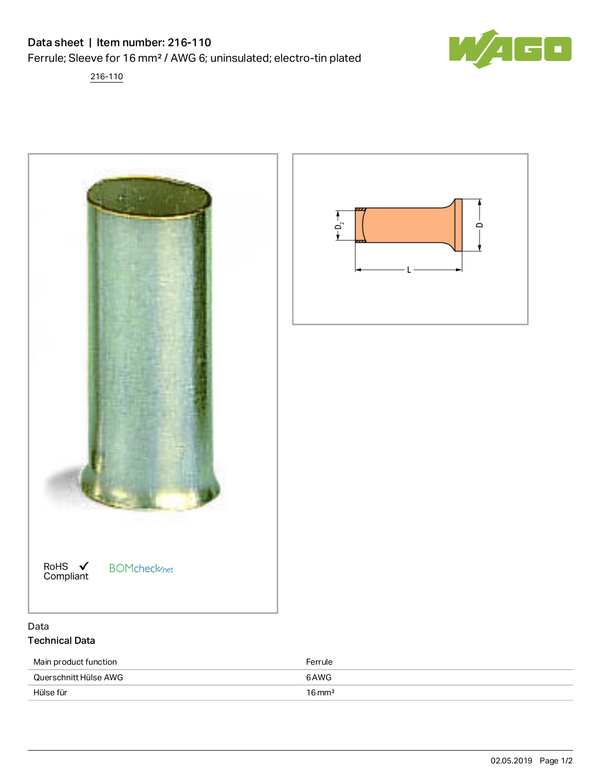 Wago 216-110 Data Sheet