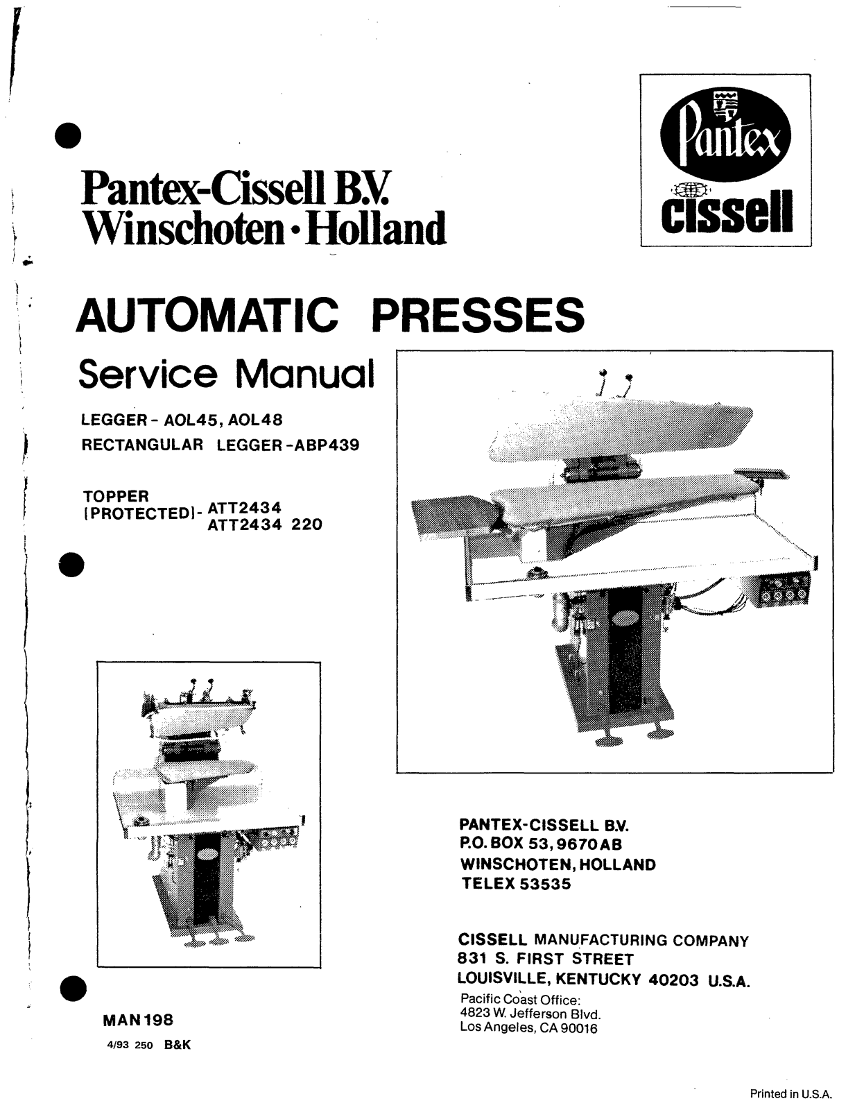 Cissell AOL45, AOL48, ABP439 Service Manual