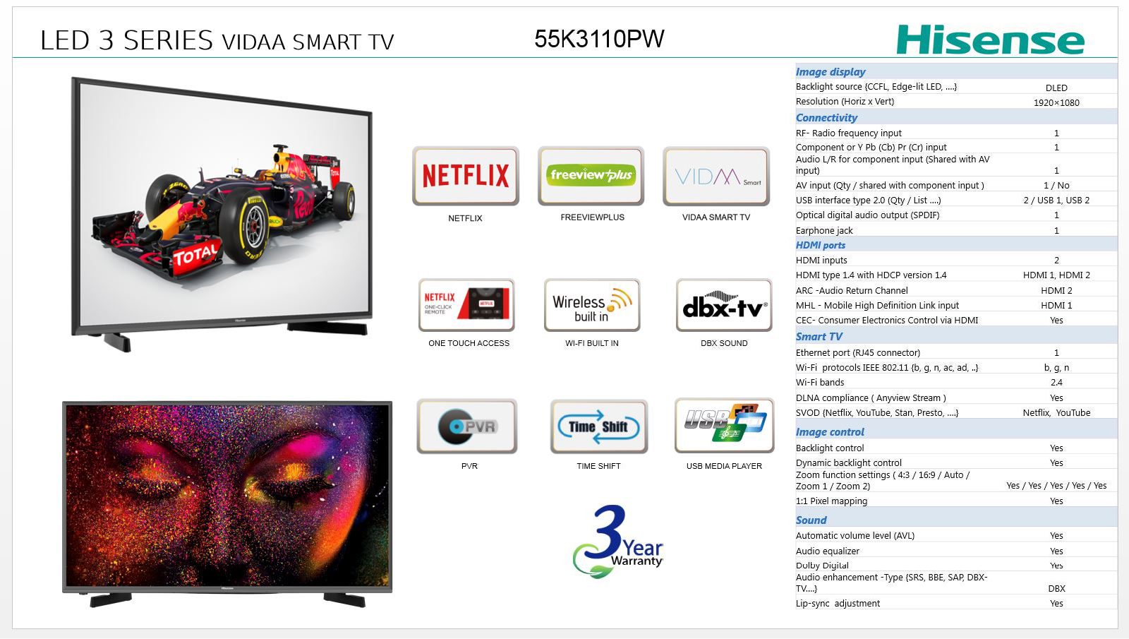 Hisense 55K3110PW Specifications Sheet