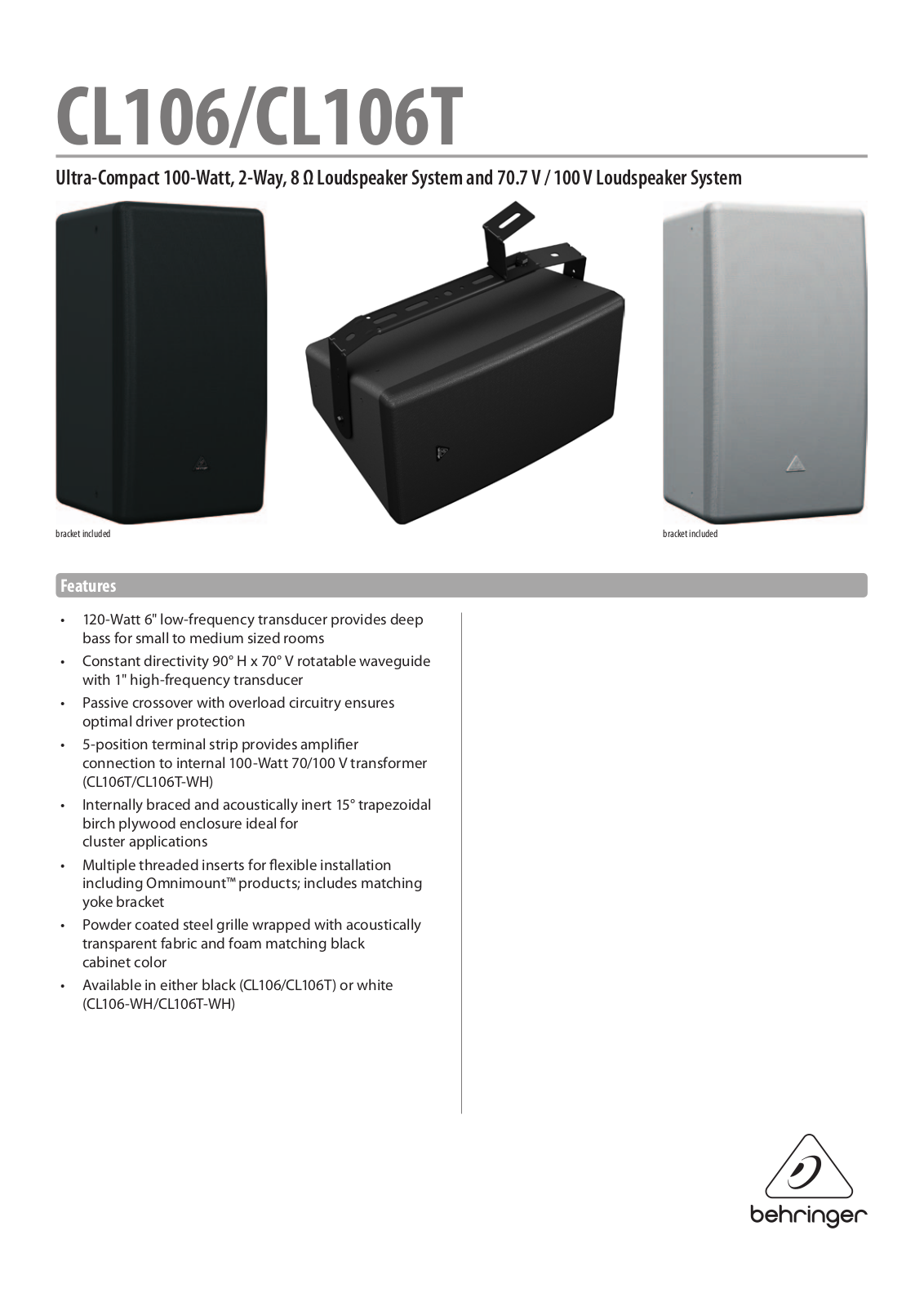 Behringer CL106, CL106-WH, CL106T, CL106T-WH Specification Sheet