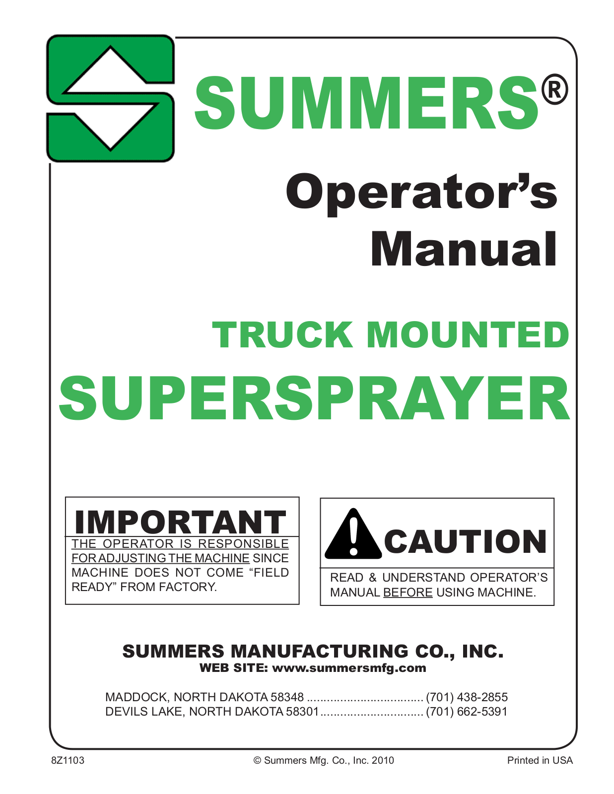 Summers Truck Supersprayer User Manual