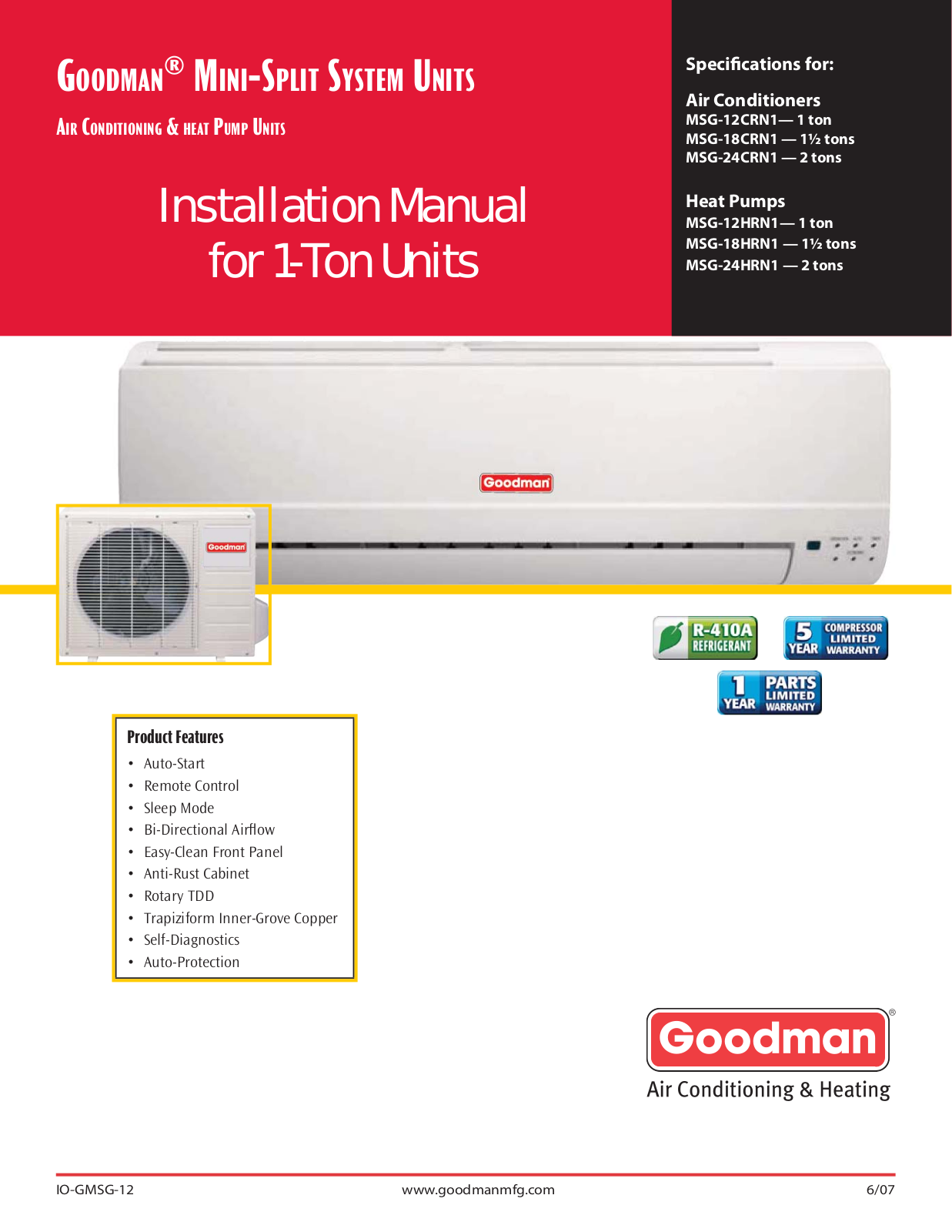 Goodman Mfg MSG-18CRN1, MSG-12HRN1, MSG-24HRN1, MSG-24CRN1, MSG-18HRN1 User Manual