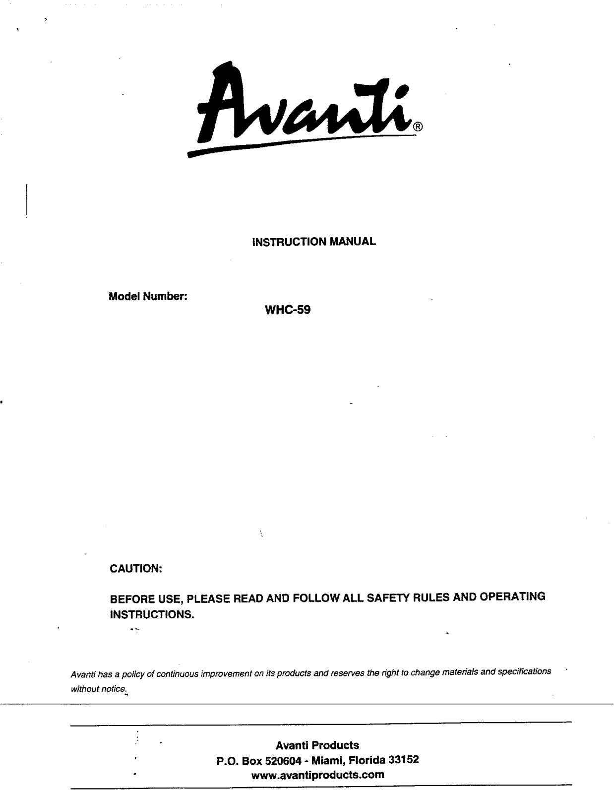 Avanti WHC-59 User Manual