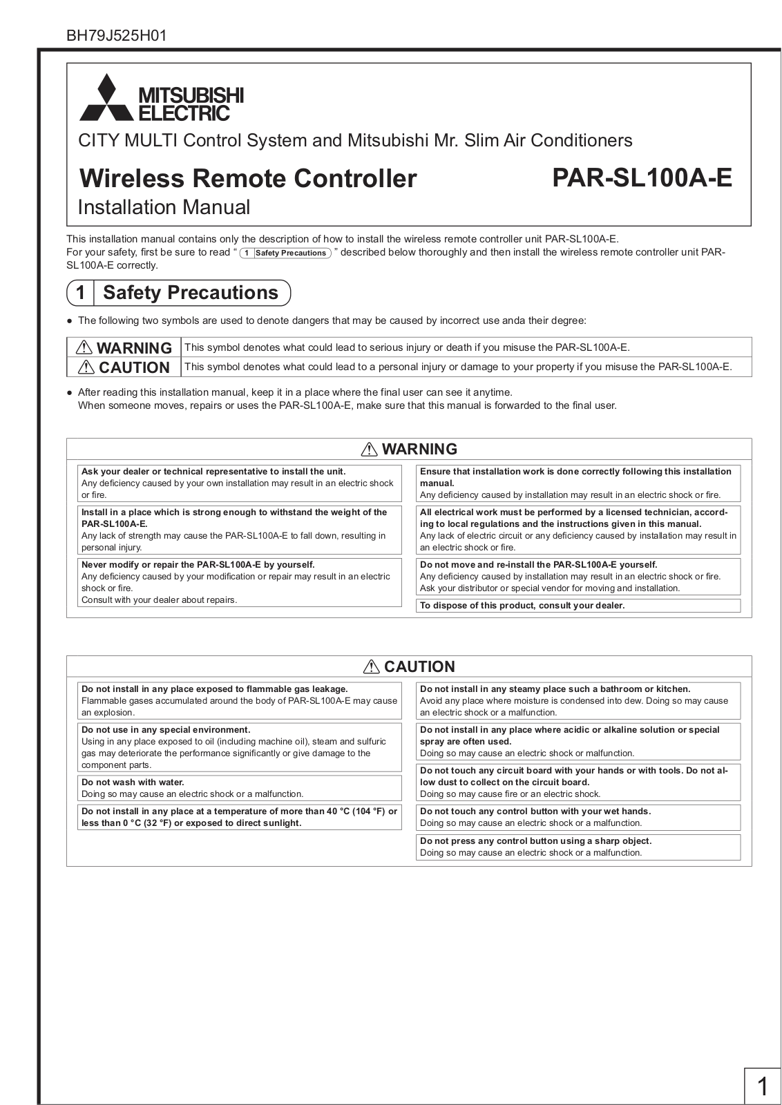 Mitsubishi Electric PAR-SL100A-E Installation guide