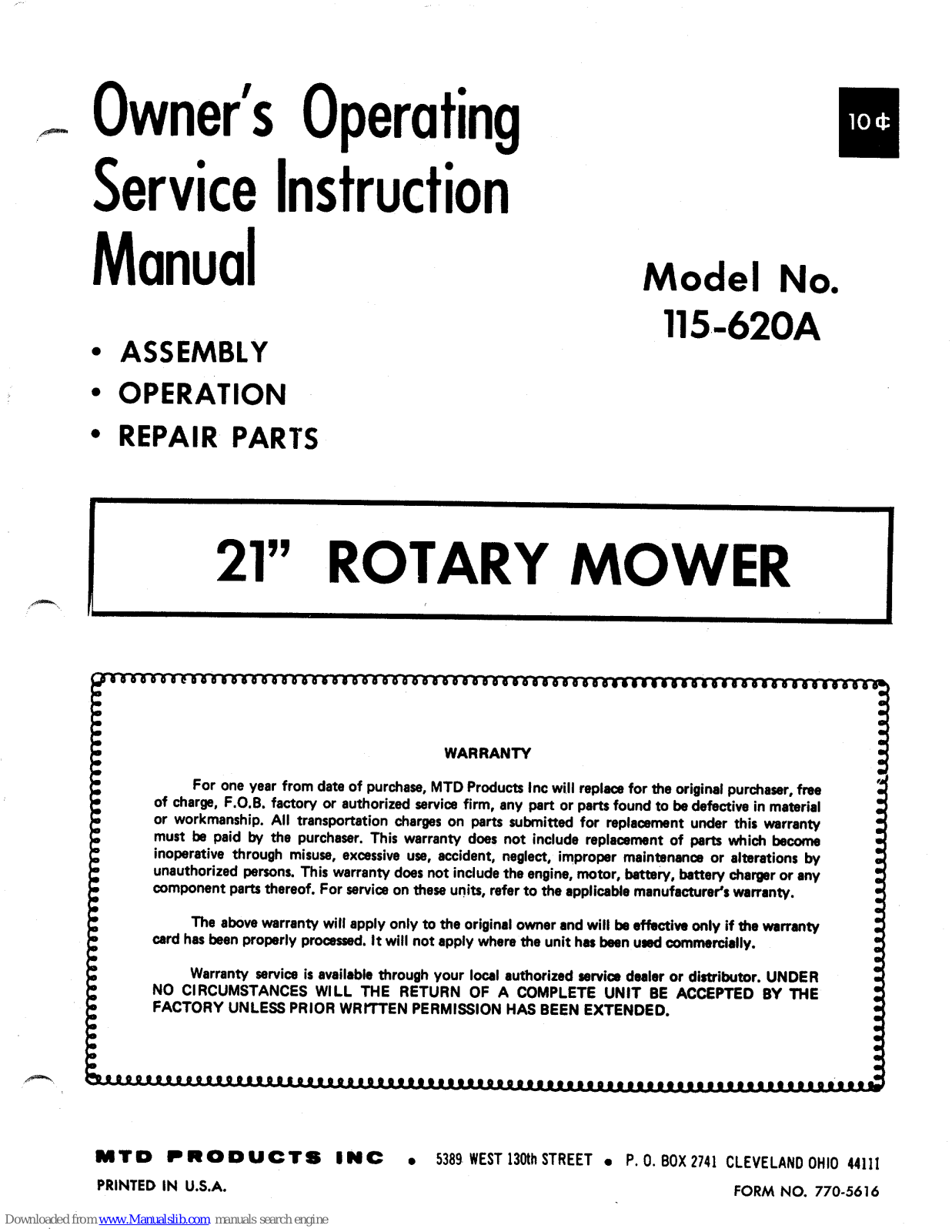 MTD 413R, 115-620A Owner's Operating Service Instruction Manual