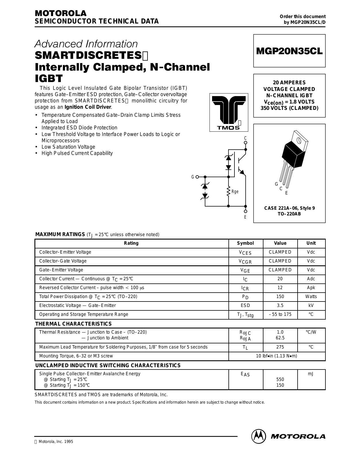 Motorola MGP20N35CL Datasheet