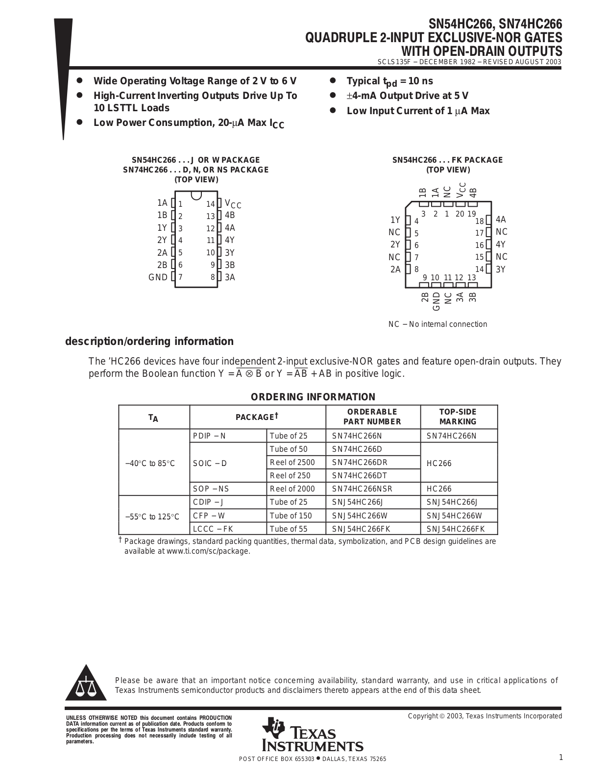 TEXAS INSTRUMENTS SN54HC266, SN74HC266 Technical data