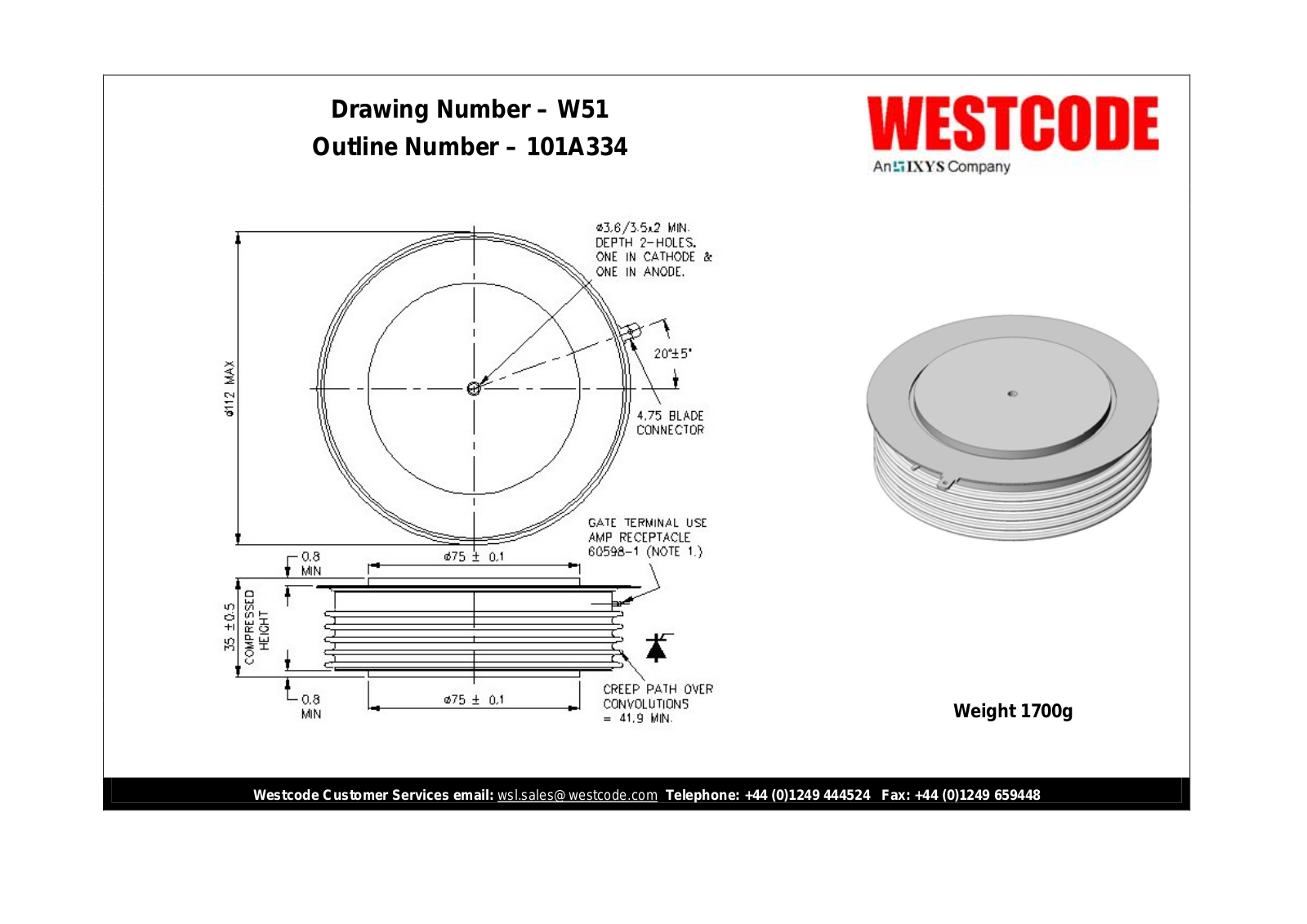 Westcode Semiconductors W51 101A334 Dimensional Sheet