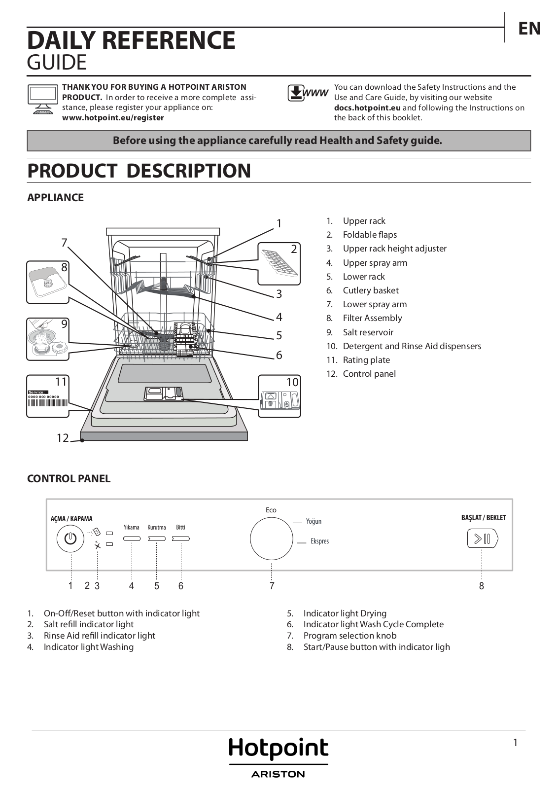 HOTPOINT/ARISTON LFB 3B010 TK Daily Reference Guide