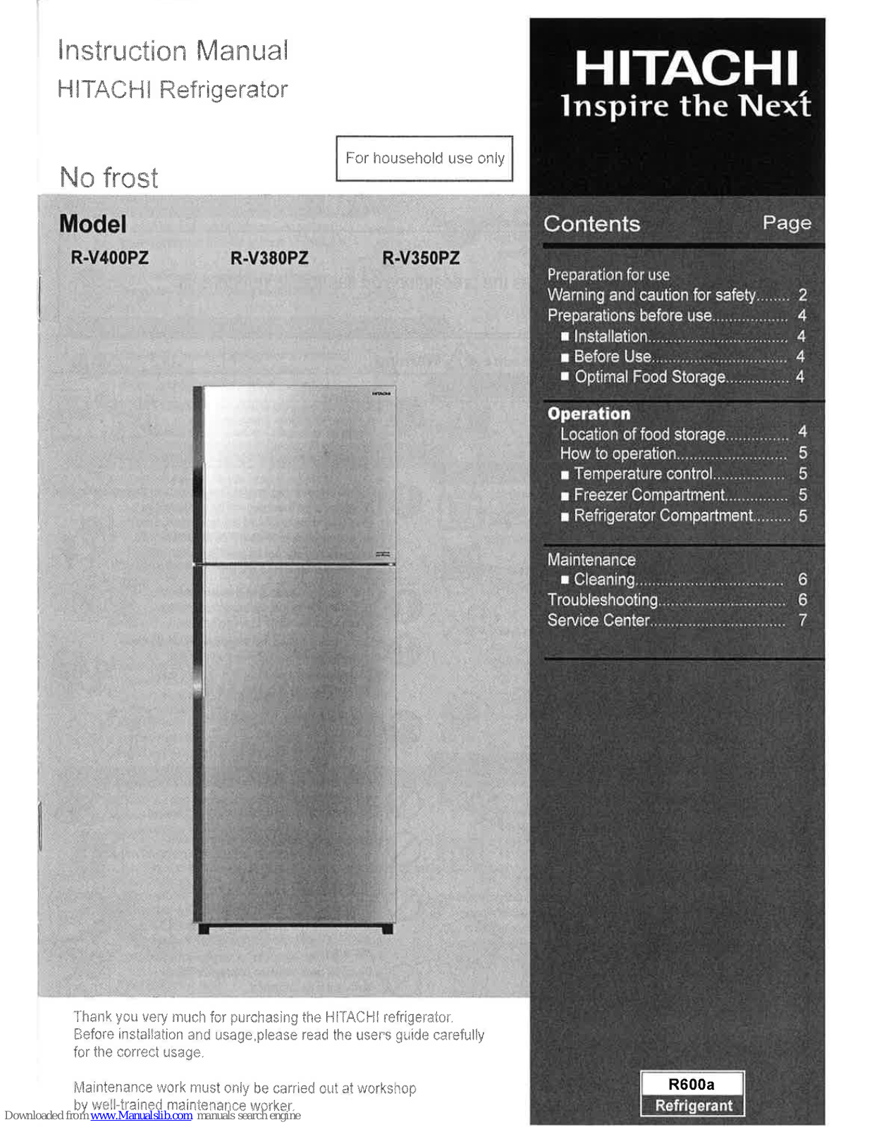 Hitachi R-V400PZ, R-V380PZ, R-V350PZ Instruction Manual