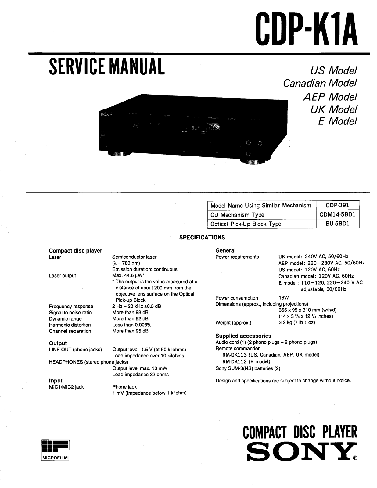 Sony CDPK-1-A Service manual