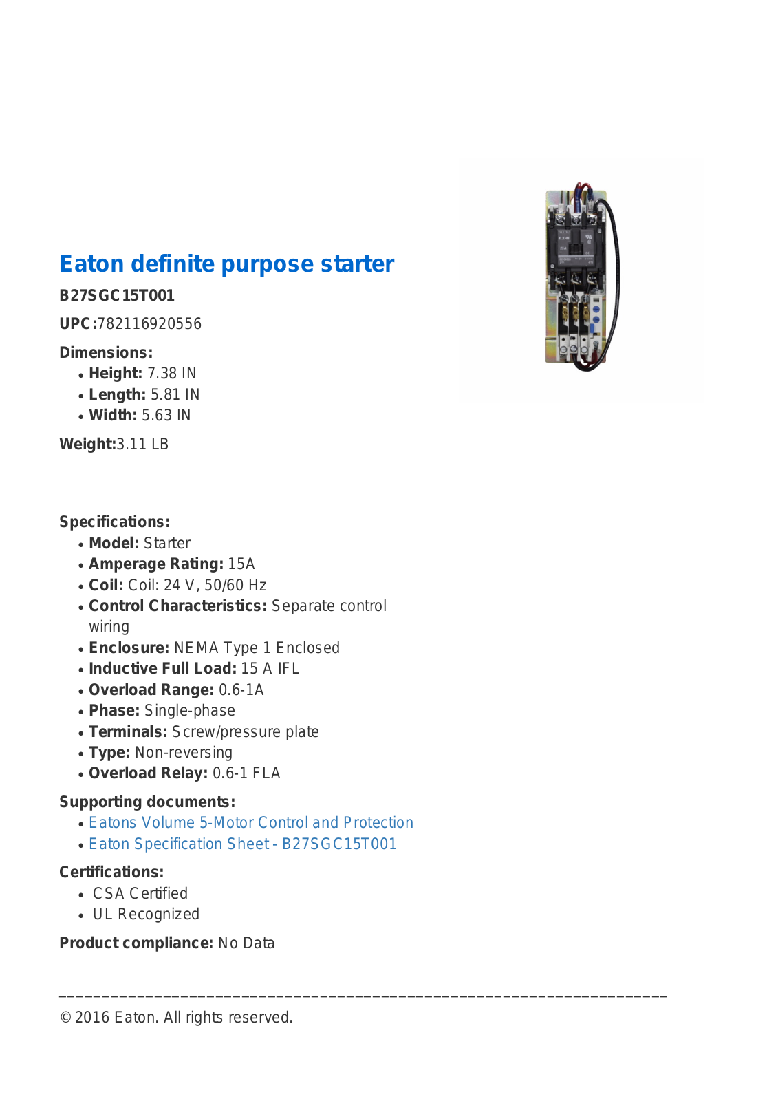 Cutler Hammer, Div of Eaton Corp B27SGC15T001 Specifications