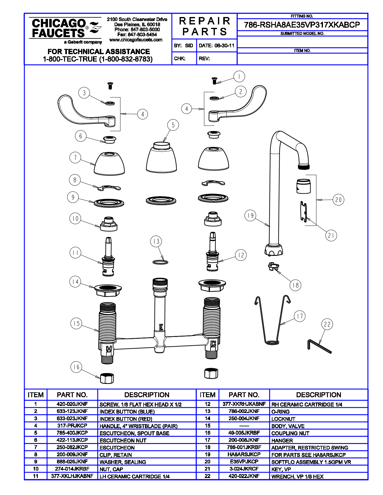 Chicago Faucet 786-RSHA8AE35VP317XKAB Parts List