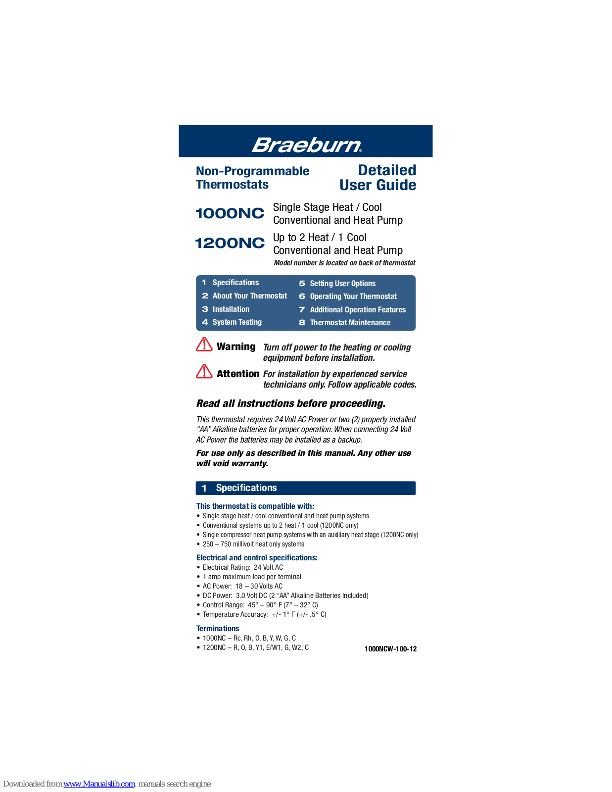 Braeburn 1200NC, 1000NC Detailed User Manual