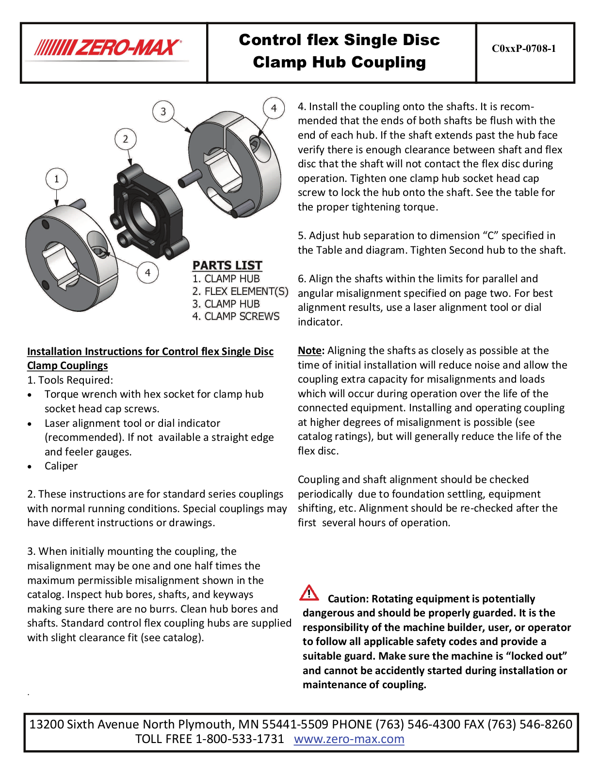 Zero-Max Control flex Single Disc Clamp Hub Coupling User Manual