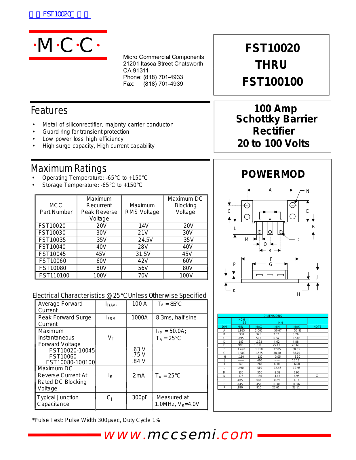 Micro Commercial Components FST10020, FST100100 Technical data