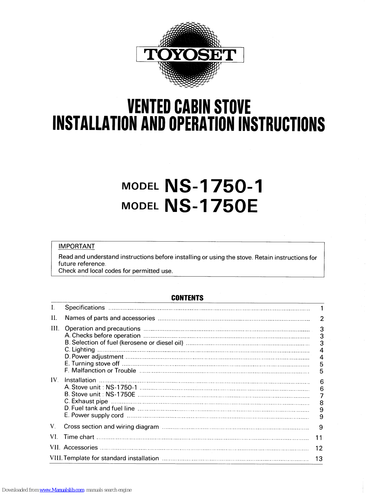 Toyoset NS-1750-1, NS-1750E Installation And Operation Instructions Manual