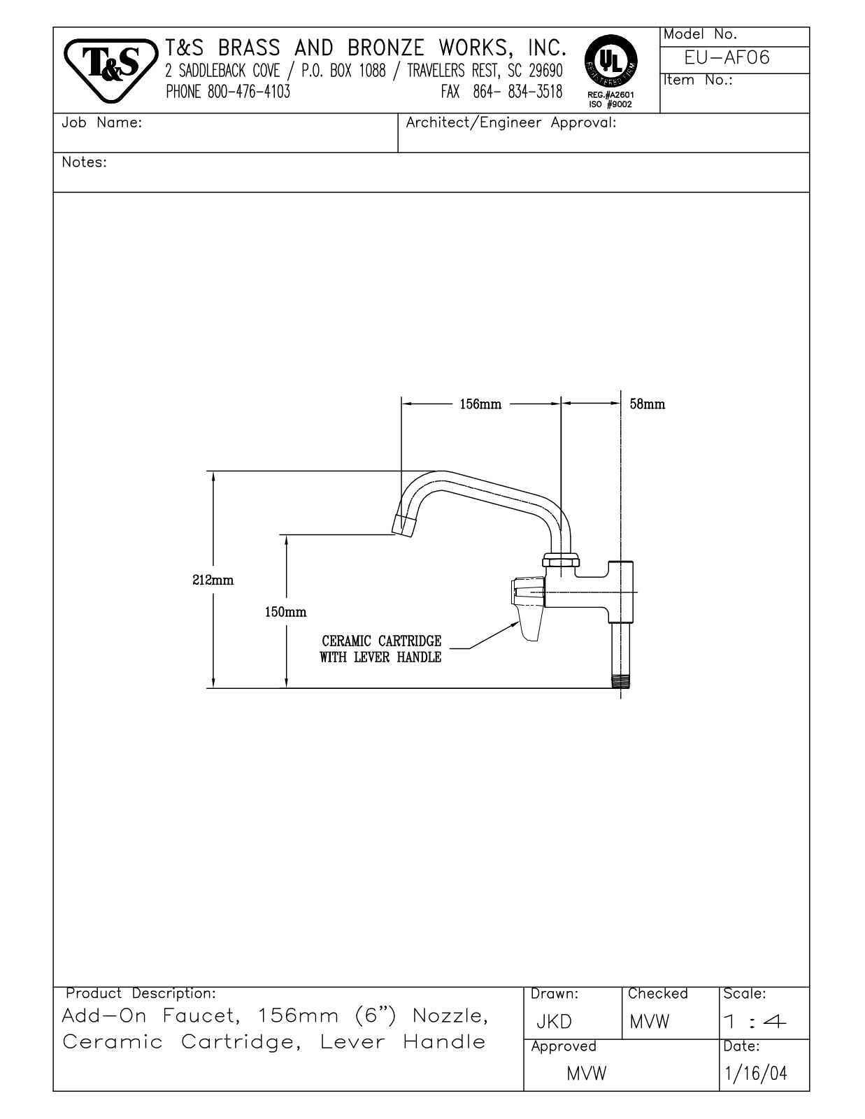 T&S Brass EU-AF06 User Manual