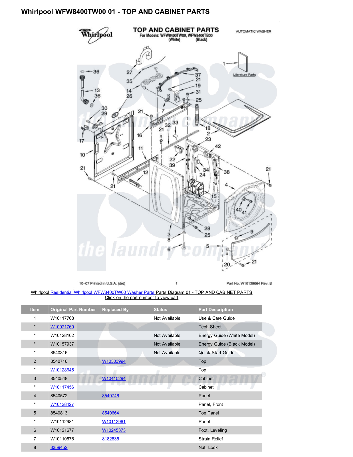 Whirlpool WFW8400TW00 Parts Diagram