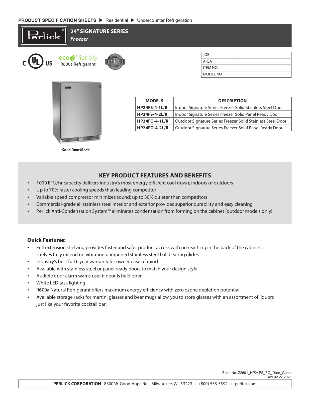 Perlick HP24FS-4-1L, HP24FO-4-2R, HP24FS-4-2L, HP24FO-4-1L, HP24FO-4-2L Specification Sheet