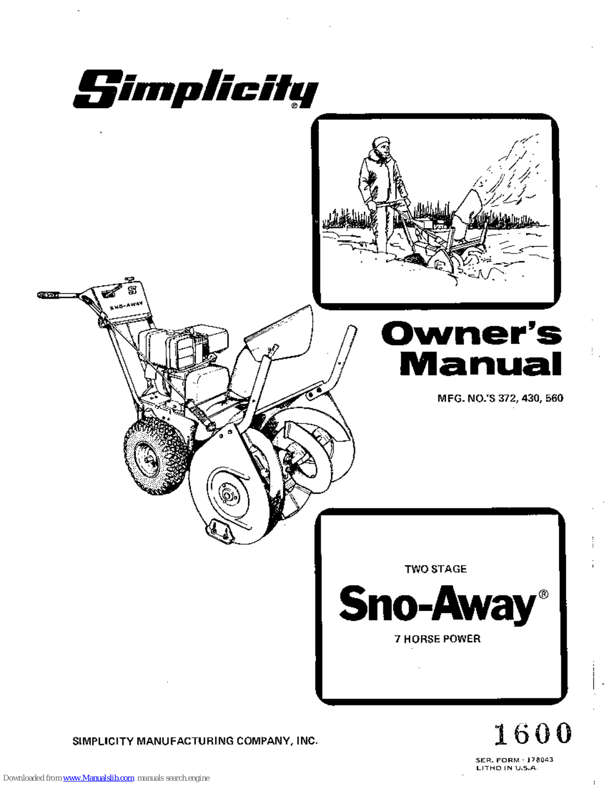 Simplicity Two-Stage Snow-Away,Snow-Away 372,Snow-Away 430,Snow-Away 560 Owner's Manual