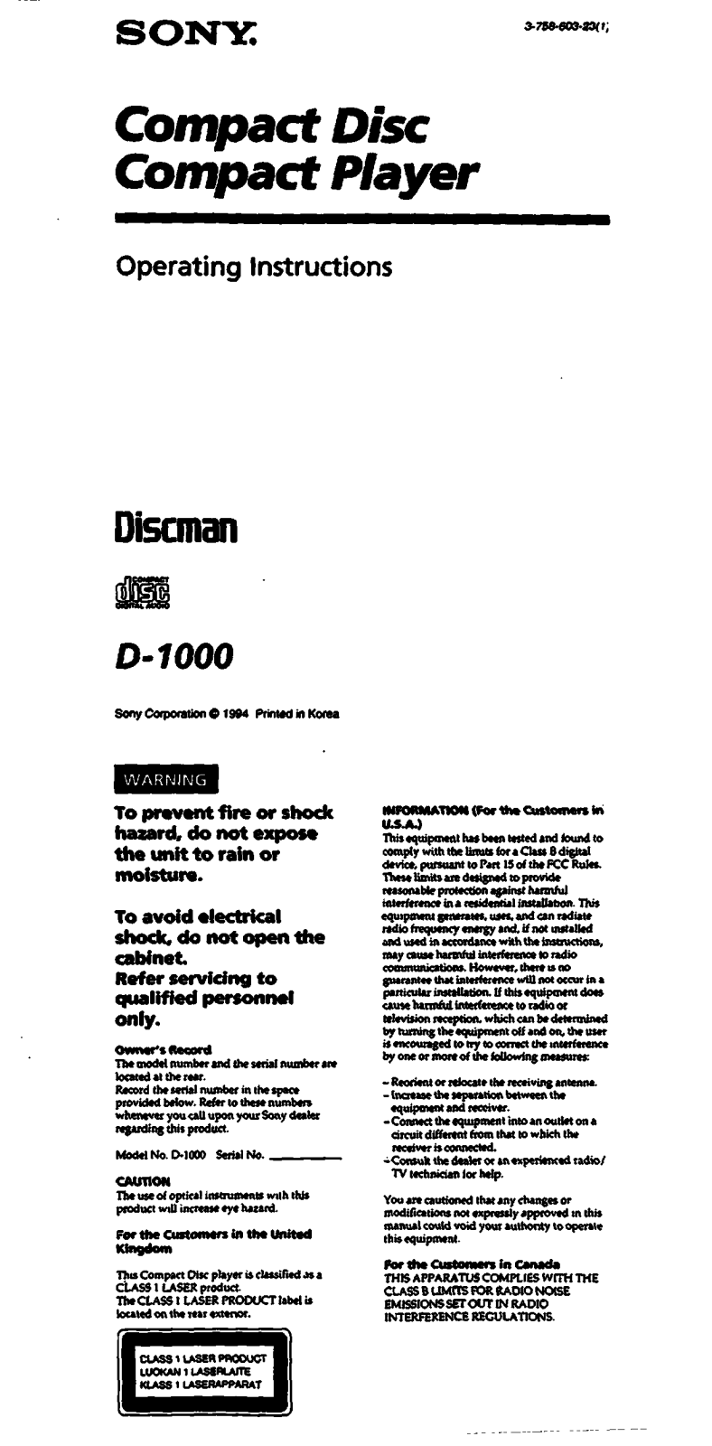 Sony D1000 Operating Instructions