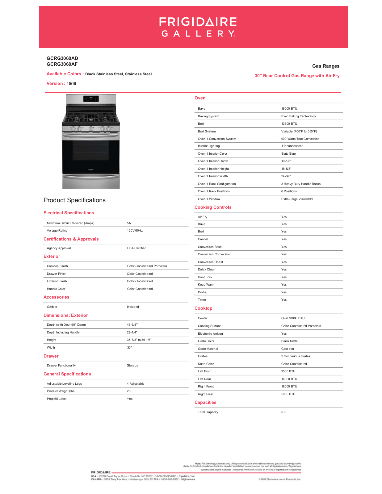 Frigidaire GCRG3060AD, GCRG3060AF PRODUCT SPECIFICATIONS